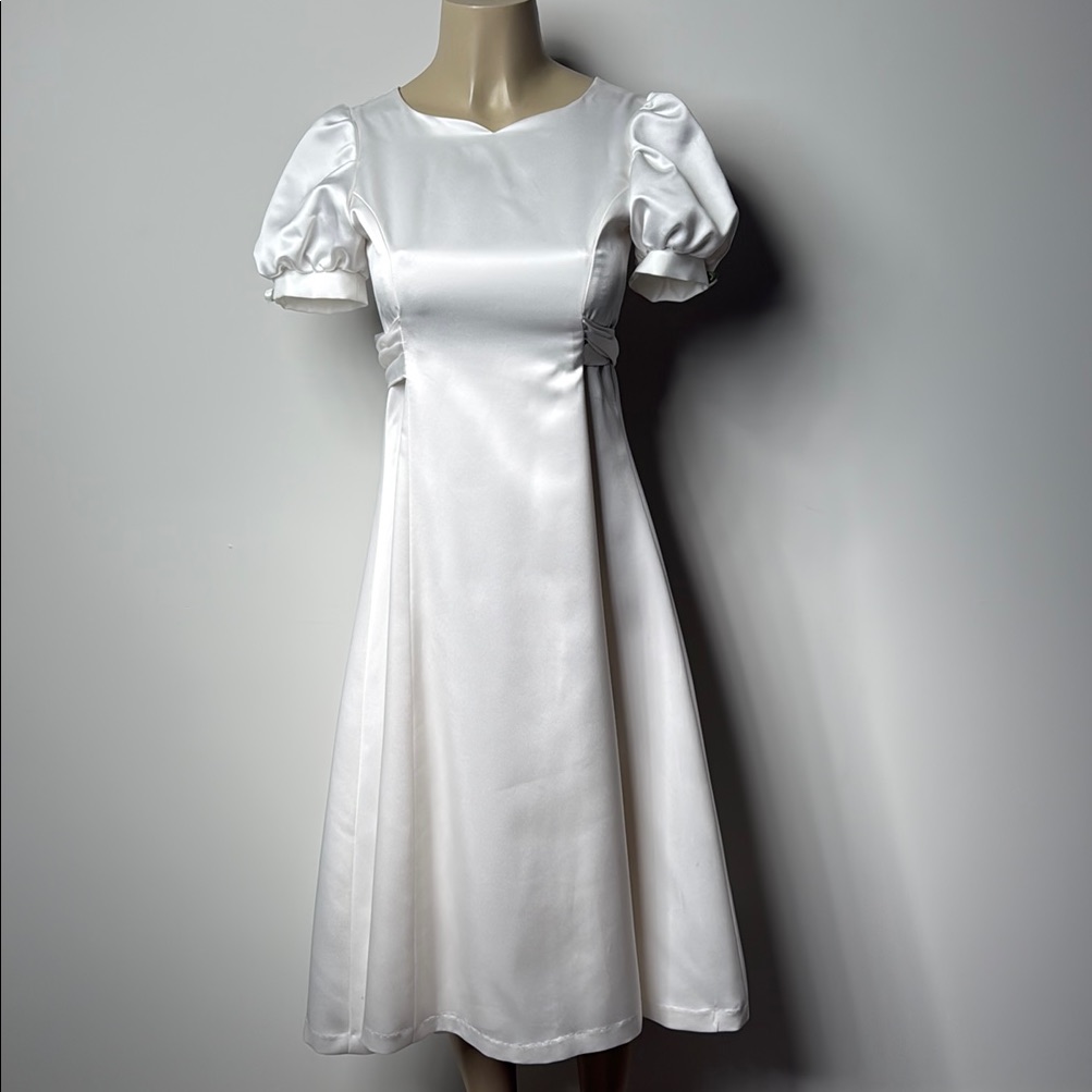 White Satin Ruched Puff Sleeve A-Line Dress